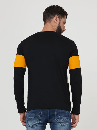 Men's Cotton Round Neck Color Block Full Sleeve Blackmustard Color T-Shirt