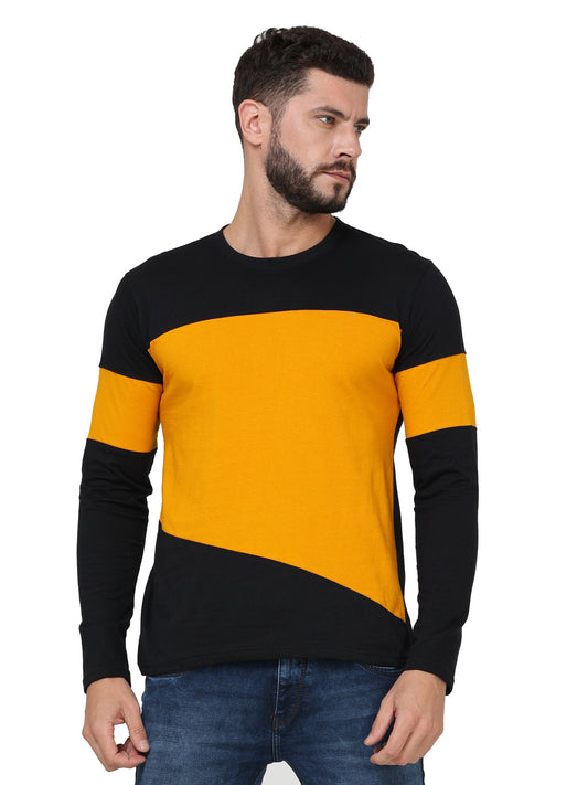 Men's Cotton Round Neck Color Block Full Sleeve Blackmustard Color T-Shirt