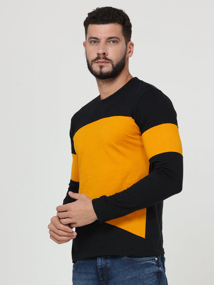 Men's Cotton Round Neck Color Block Full Sleeve Blackmustard Color T-Shirt