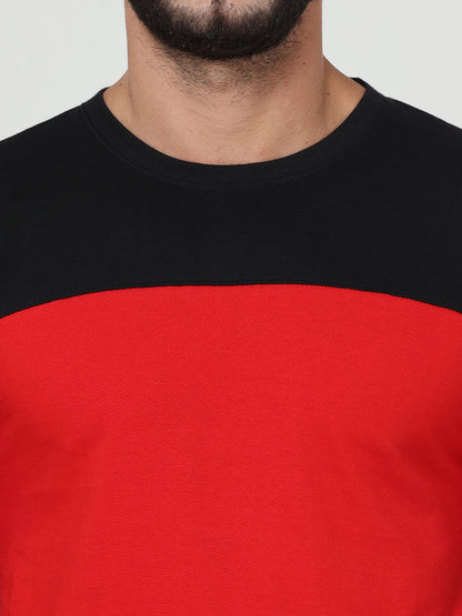 Men's Cotton Round Neck Color Block Full Sleeve Blackred Color T-Shirt