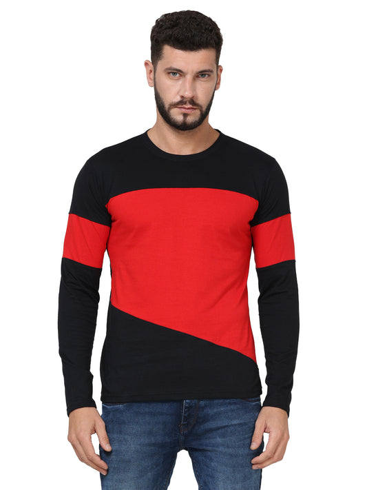 Men's Cotton Round Neck Color Block Full Sleeve Blackred Color T-Shirt