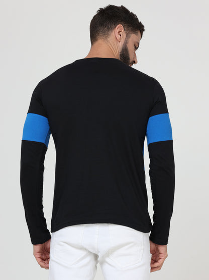 Men's Cotton Round Neck Color Block Full Sleeve Blackroyalblue Color T-Shirt