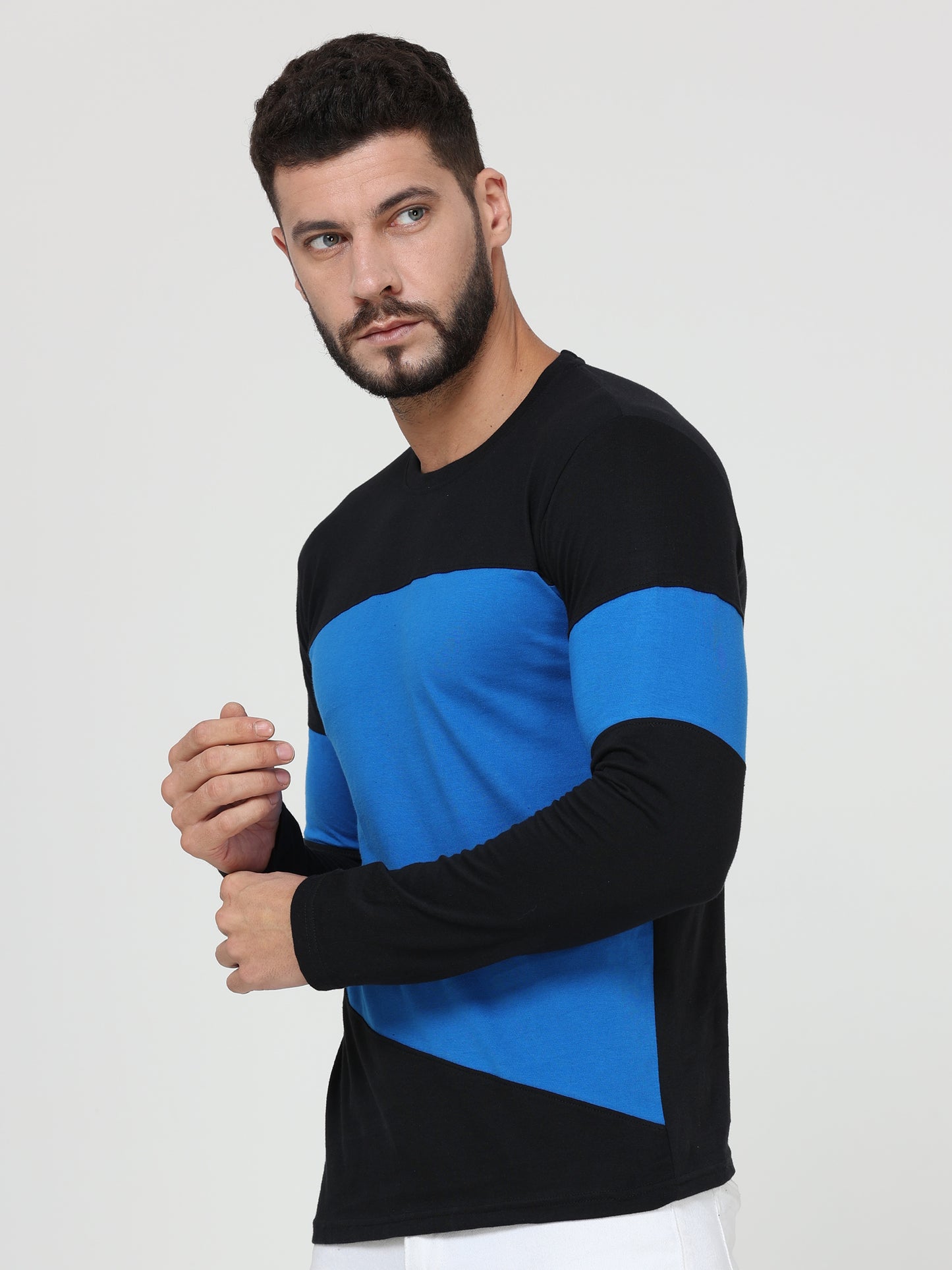 Men's Cotton Round Neck Color Block Full Sleeve Blackroyalblue Color T-Shirt