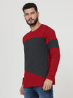 Men's Cotton Round Neck Color Block Full Sleeve Marooncharcoal Color T-Shirt