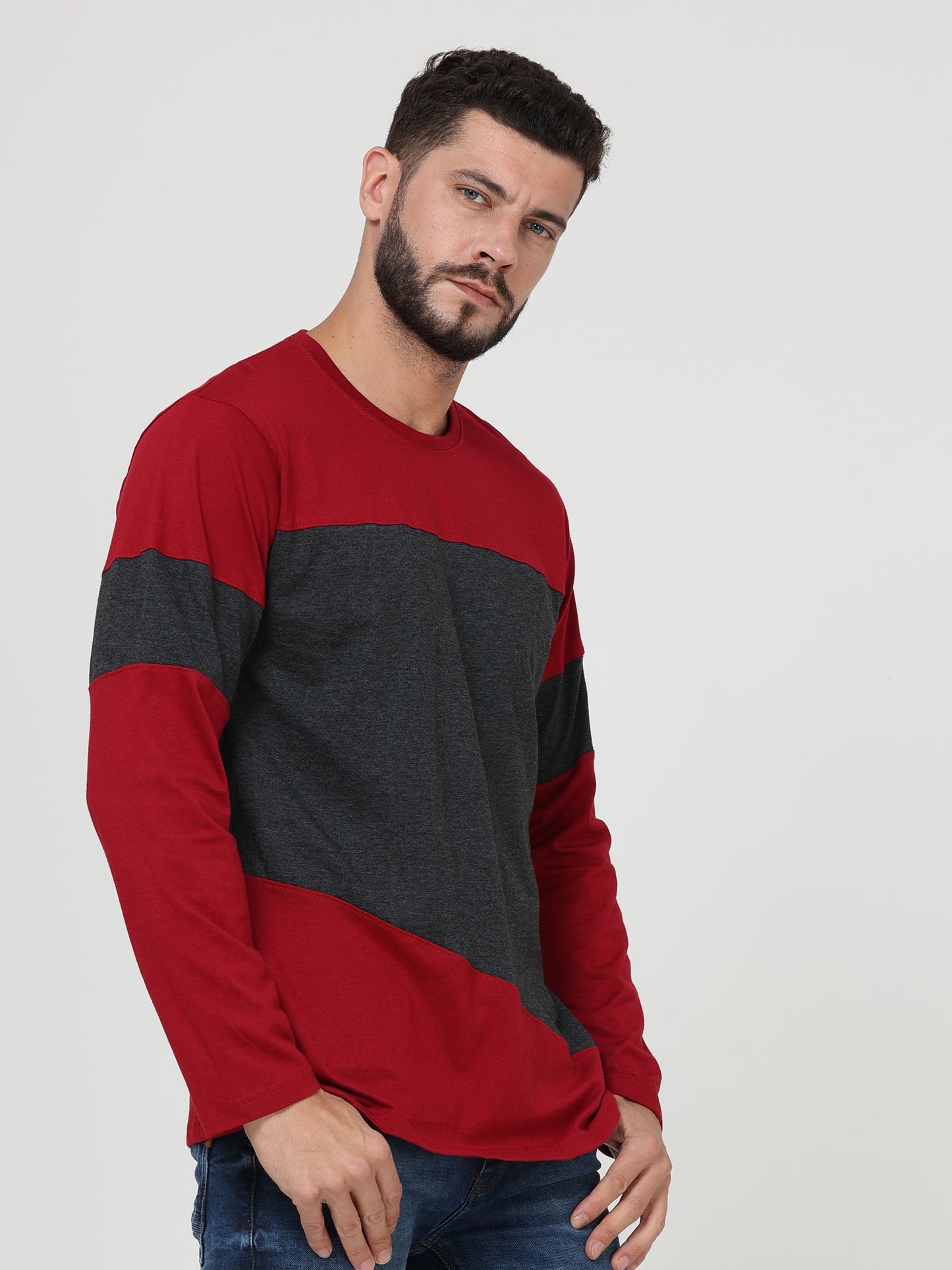 Men's Cotton Round Neck Color Block Full Sleeve Marooncharcoal Color T-Shirt