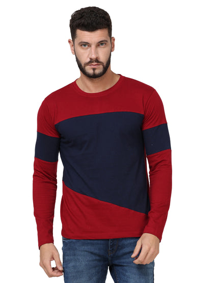 Men's Cotton Round Neck Color Block Full Sleeve Maroonnavy Color T-Shirt