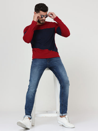 Men's Cotton Round Neck Color Block Full Sleeve Maroonnavy Color T-Shirt