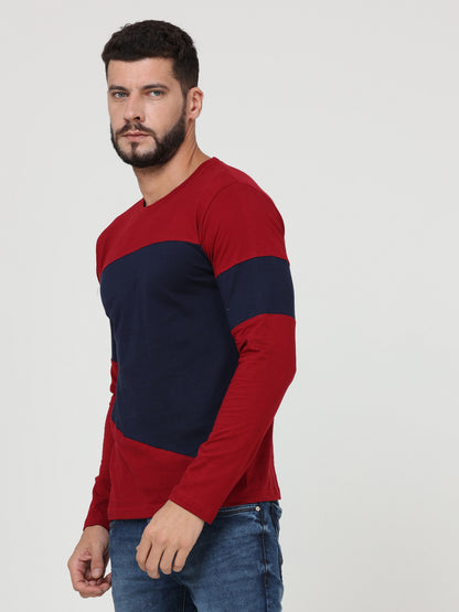Men's Cotton Round Neck Color Block Full Sleeve Maroonnavy Color T-Shirt