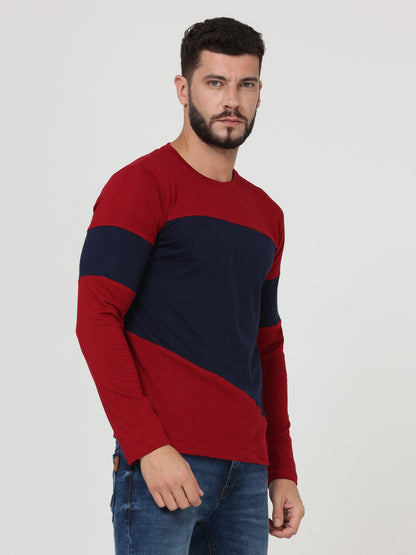 Men's Cotton Round Neck Color Block Full Sleeve Maroonnavy Color T-Shirt