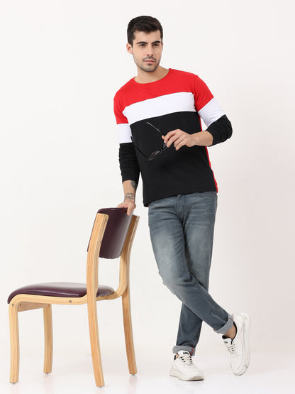 Men's Cotton Round Neck Color Block Full Sleeve T-Shirt