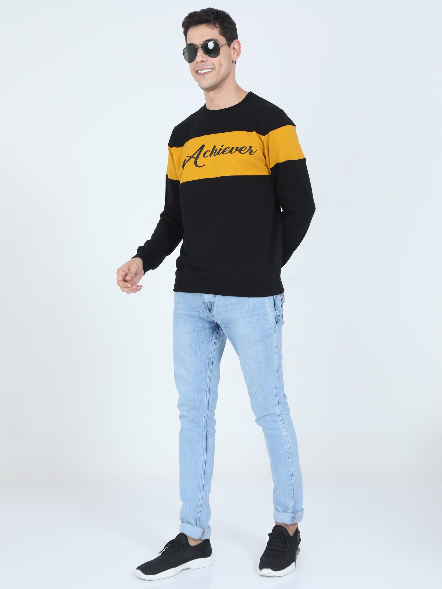 Men's Cotton Printed Color Block Mustardblack Color Sweatshirt