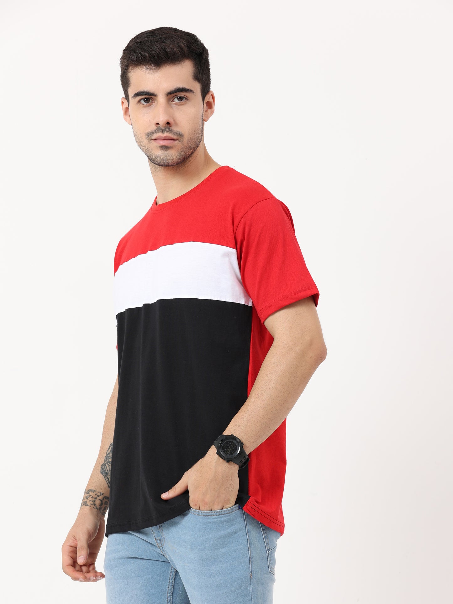 Men's Cotton Round Neck Color Block Half Sleeve T-Shirt