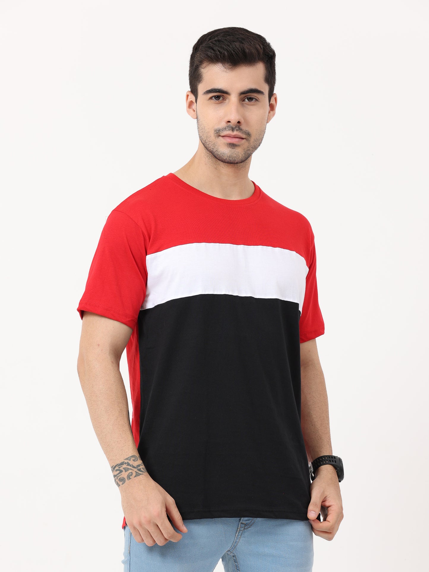 Men's Cotton Round Neck Color Block Half Sleeve T-Shirt