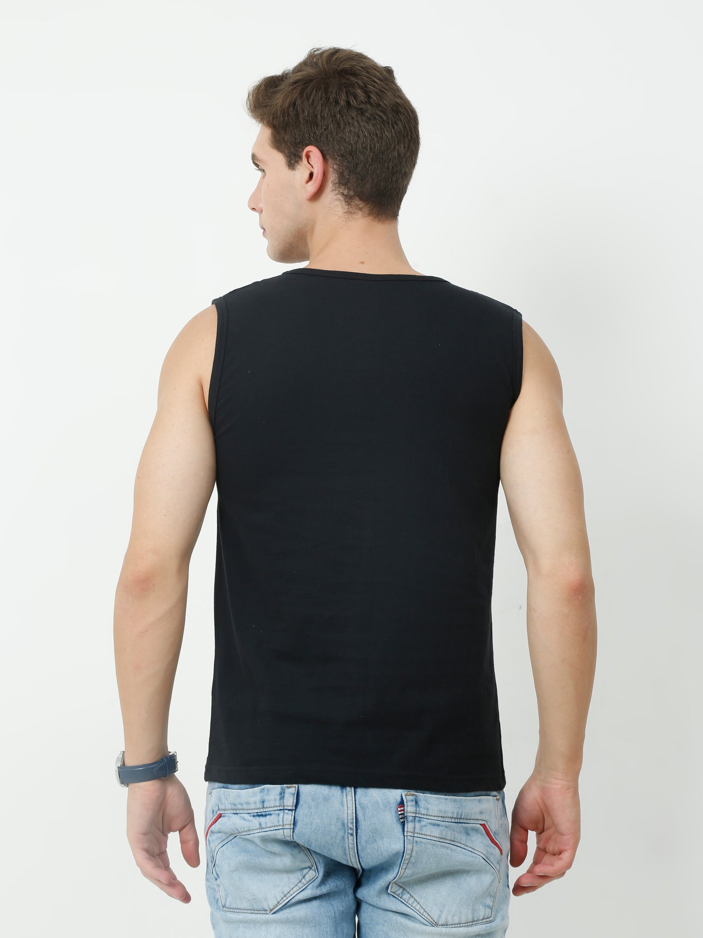 Men's Cotton Printed Sleeveless Black Color T-Shirt