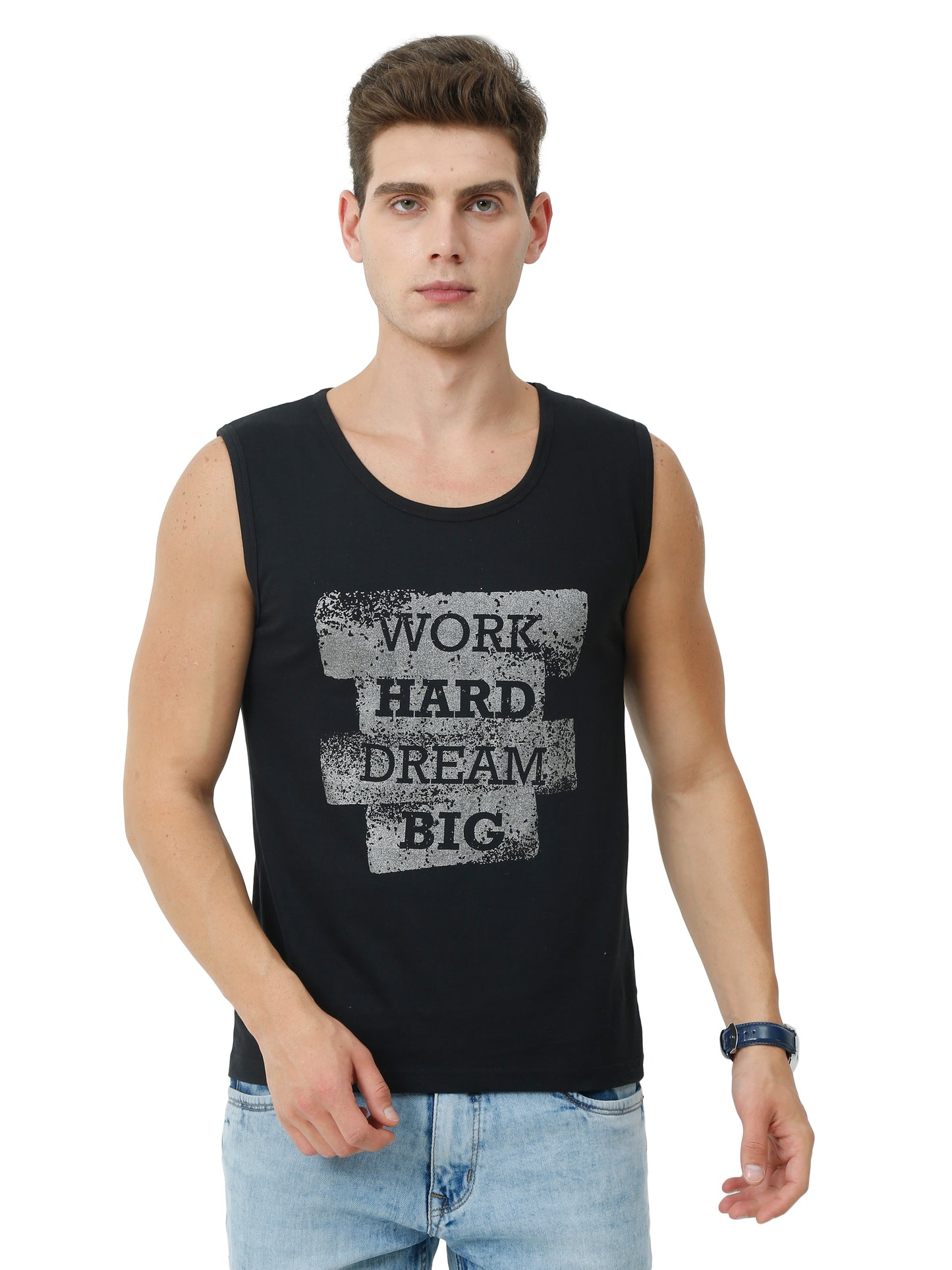 Men's Cotton Printed Sleeveless Black Color T-Shirt