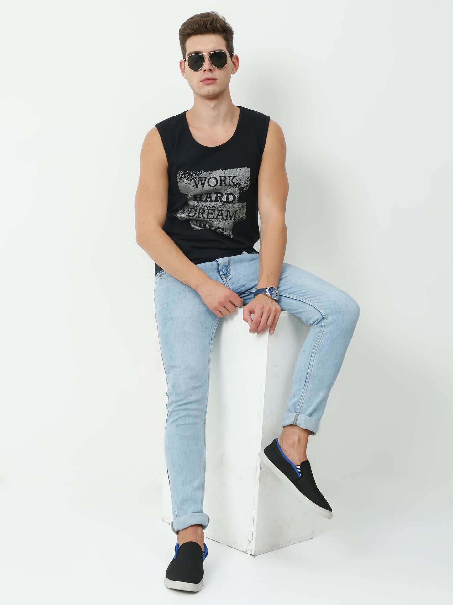 Men's Cotton Printed Sleeveless Black Color T-Shirt