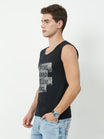 Men's Cotton Printed Sleeveless Black Color T-Shirt