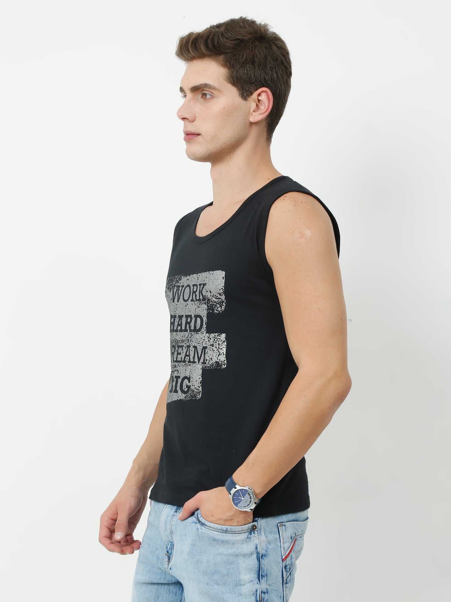 Men's Cotton Printed Sleeveless Black Color T-Shirt