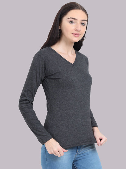 Fleximaa Women's Cotton Plain V Neck Full Sleeve T-Shirt - fleximaa-so