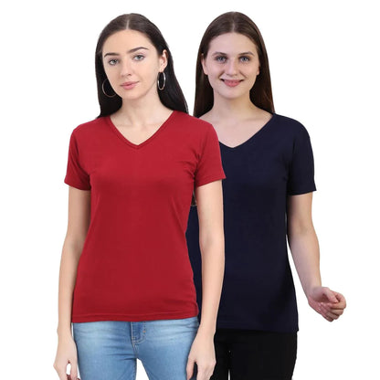 Fleximaa Women's Cotton Plain V Neck Half Sleeve T-Shirt (Pack of 2) - Fleximaa