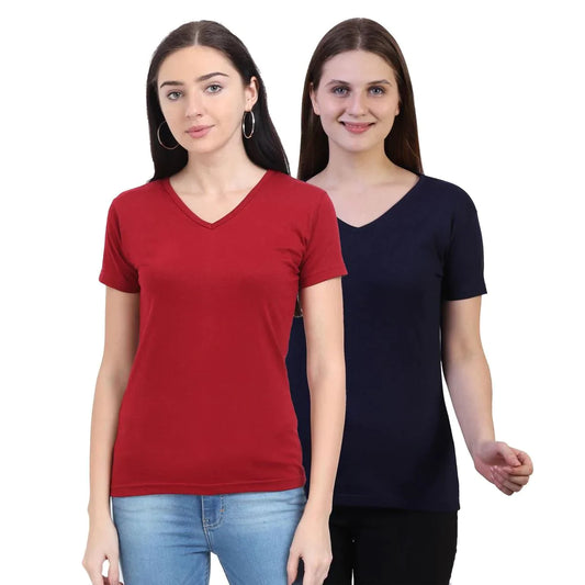 Fleximaa Women's Cotton Plain V Neck Half Sleeve T-Shirt (Pack of 2) - Fleximaa