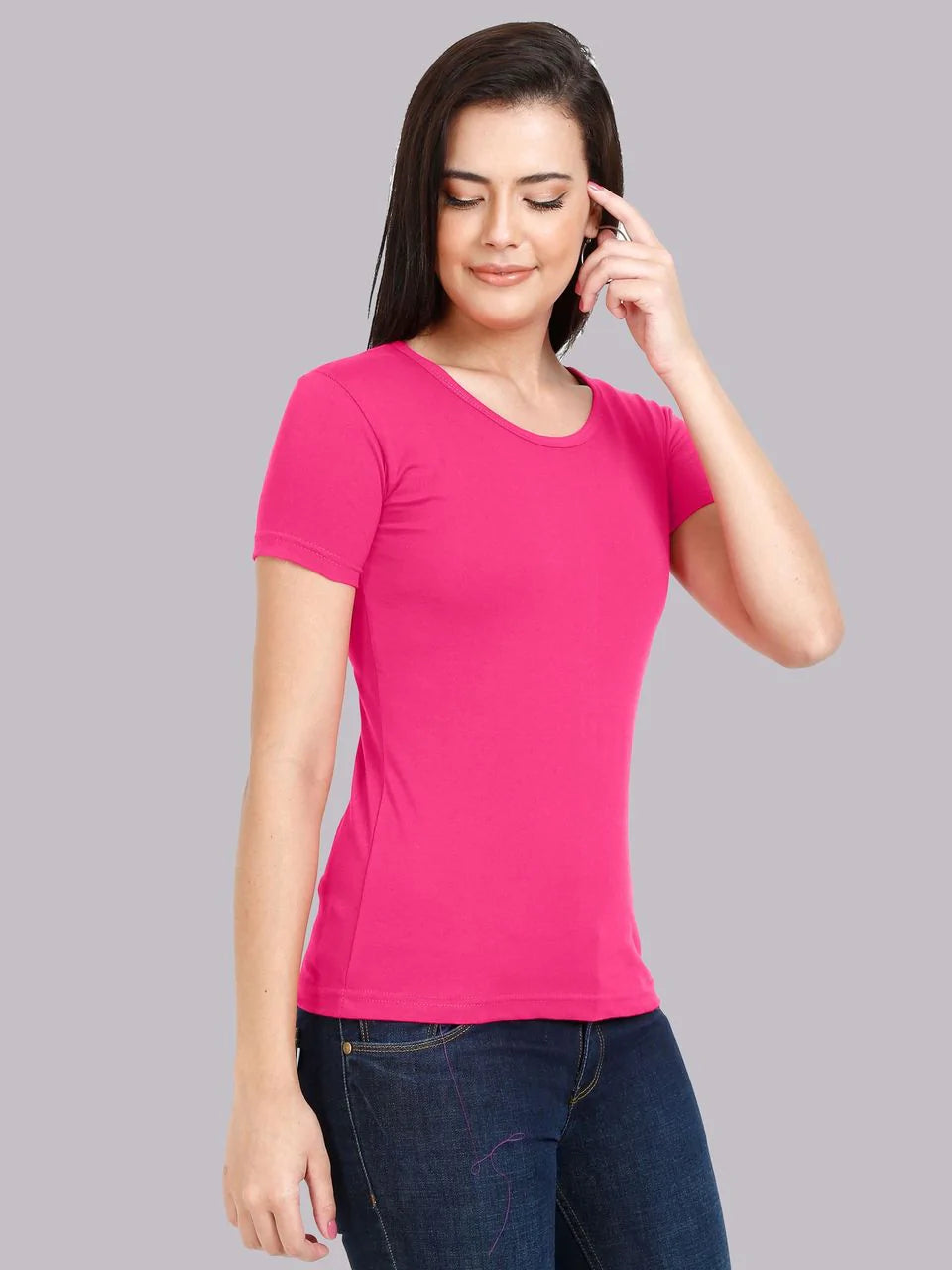Plain Round Neck Half Sleeve Fuchsia Pink T-Shirt