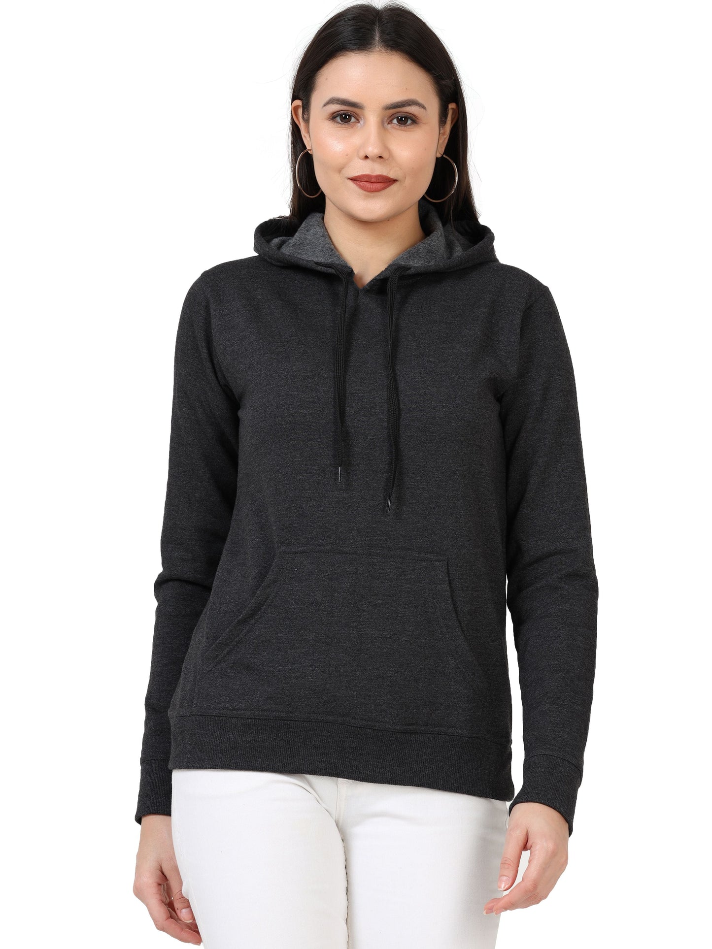 Women's Cotton Plain Charcoal Melange Color Sweatshirt Hoodies