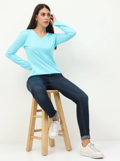 Fleximaa Women's Cotton Plain V Neck Full Sleeve T-Shirt-2 - fleximaa-so