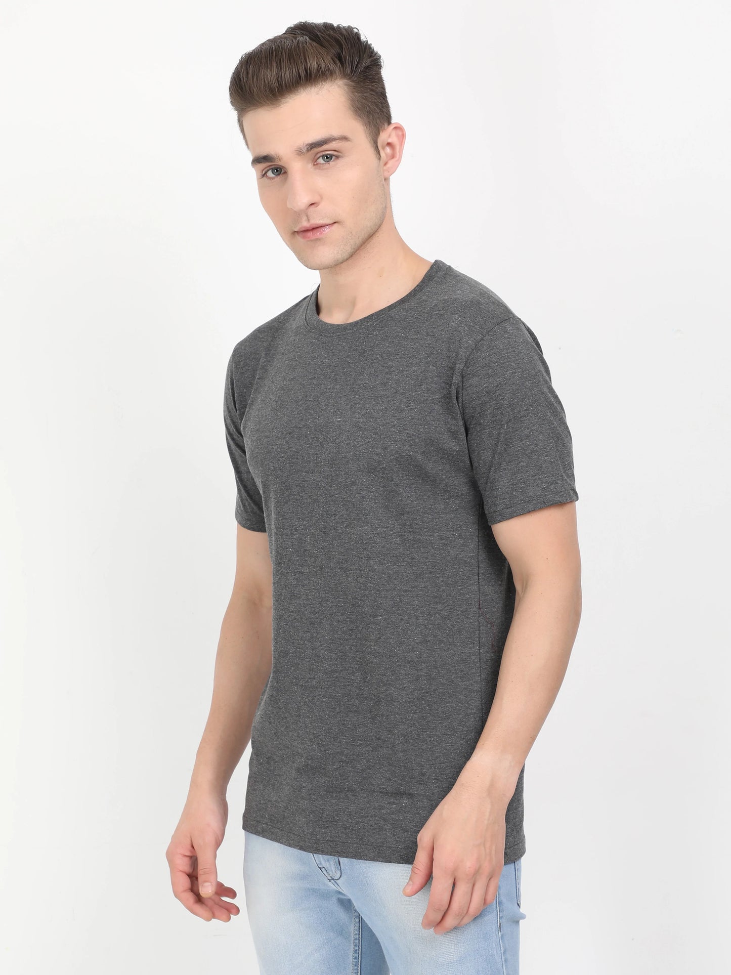Men's Cotton Plain Round Neck Half Sleeve Charcoal Melange Color T-Shirt