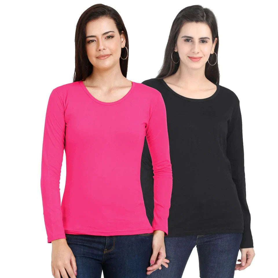 Fleximaa Women's Cotton Plain Round Neck Full Sleeve T-Shirt (Pack of 2) - Fleximaa