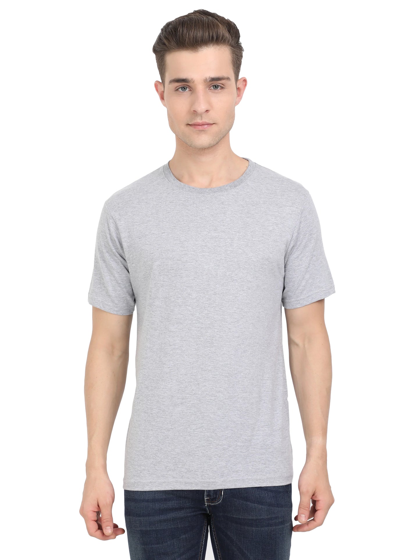 Men's Cotton Plain Round Neck Half Sleeve Grey Melange Color T-Shirt