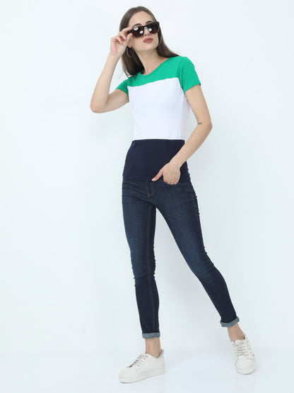 Women's Cotton Color Block Round Neck Half Sleeve T-Shirt