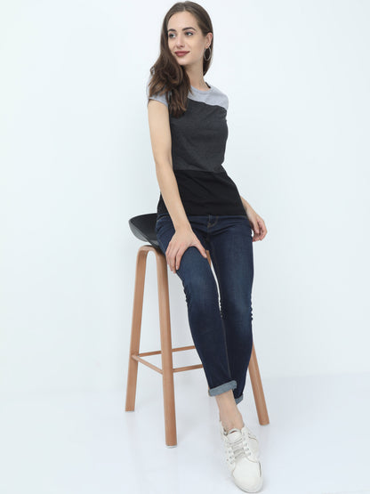 Women's Cotton Color Block Round Neck Half Sleeve T-Shirt