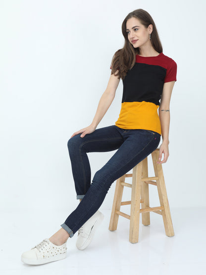 Women's Cotton Color Block Round Neck Half Sleeve T-Shirt
