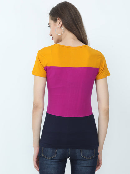 Women's Cotton Color Block Round Neck Half Sleeve T-Shirt
