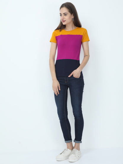 Women's Cotton Color Block Round Neck Half Sleeve T-Shirt