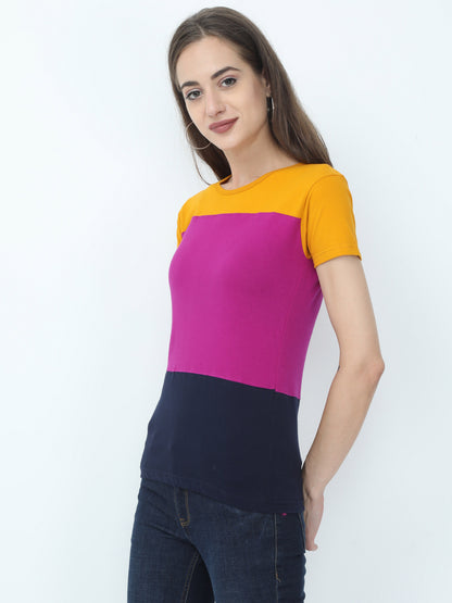 Women's Cotton Color Block Round Neck Half Sleeve T-Shirt