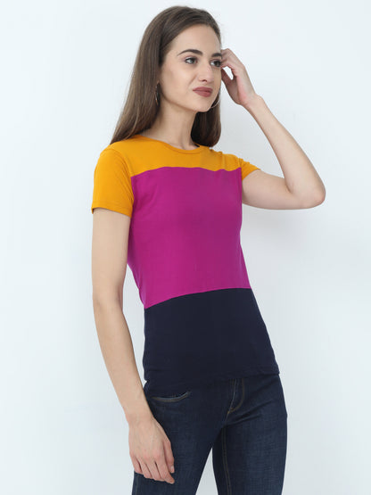 Women's Cotton Color Block Round Neck Half Sleeve T-Shirt