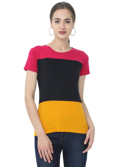 Women's Cotton Color Block Round Neck Half Sleeve T-Shirt
