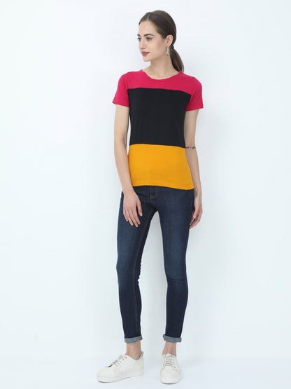 Women's Cotton Color Block Round Neck Half Sleeve T-Shirt