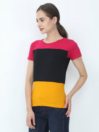 Women's Cotton Color Block Round Neck Half Sleeve T-Shirt