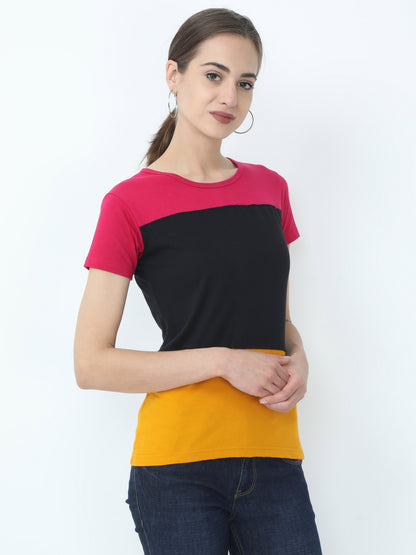 Women's Cotton Color Block Round Neck Half Sleeve T-Shirt