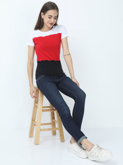 Women's Cotton Color Block Round Neck Half Sleeve T-Shirt