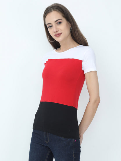 Women's Cotton Color Block Round Neck Half Sleeve T-Shirt