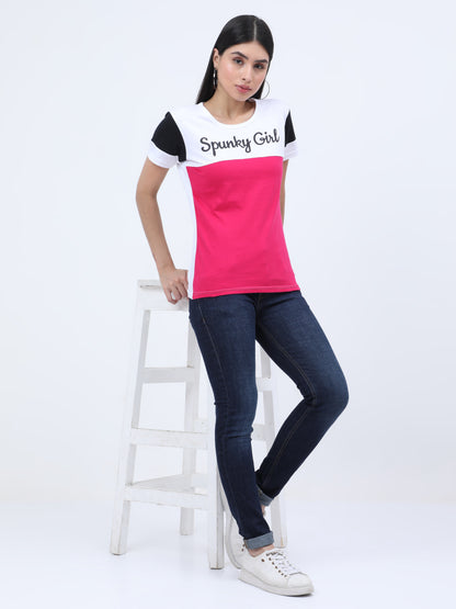 Women's Cotton Color Block Round Neck Half Sleeve T-Shirt
