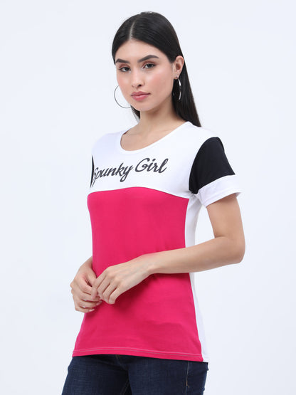 Women's Cotton Color Block Round Neck Half Sleeve T-Shirt