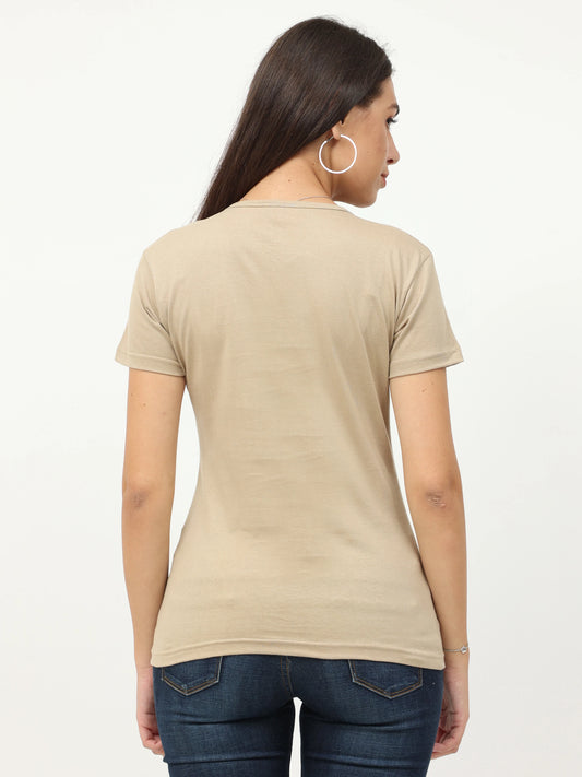 Women's Cotton Plain Round Neck Half Sleeve Biscuit Color T-Shirt