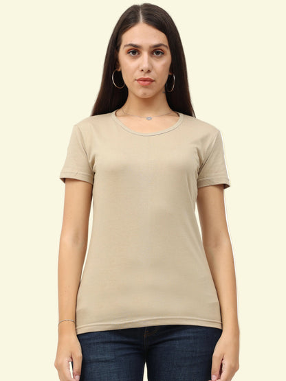 Women's Cotton Plain Round Neck Half Sleeve Biscuit Color T-Shirt