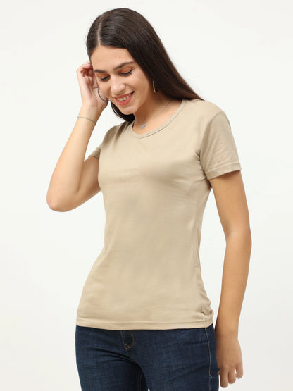 Women's Cotton Plain Round Neck Half Sleeve Biscuit Color T-Shirt
