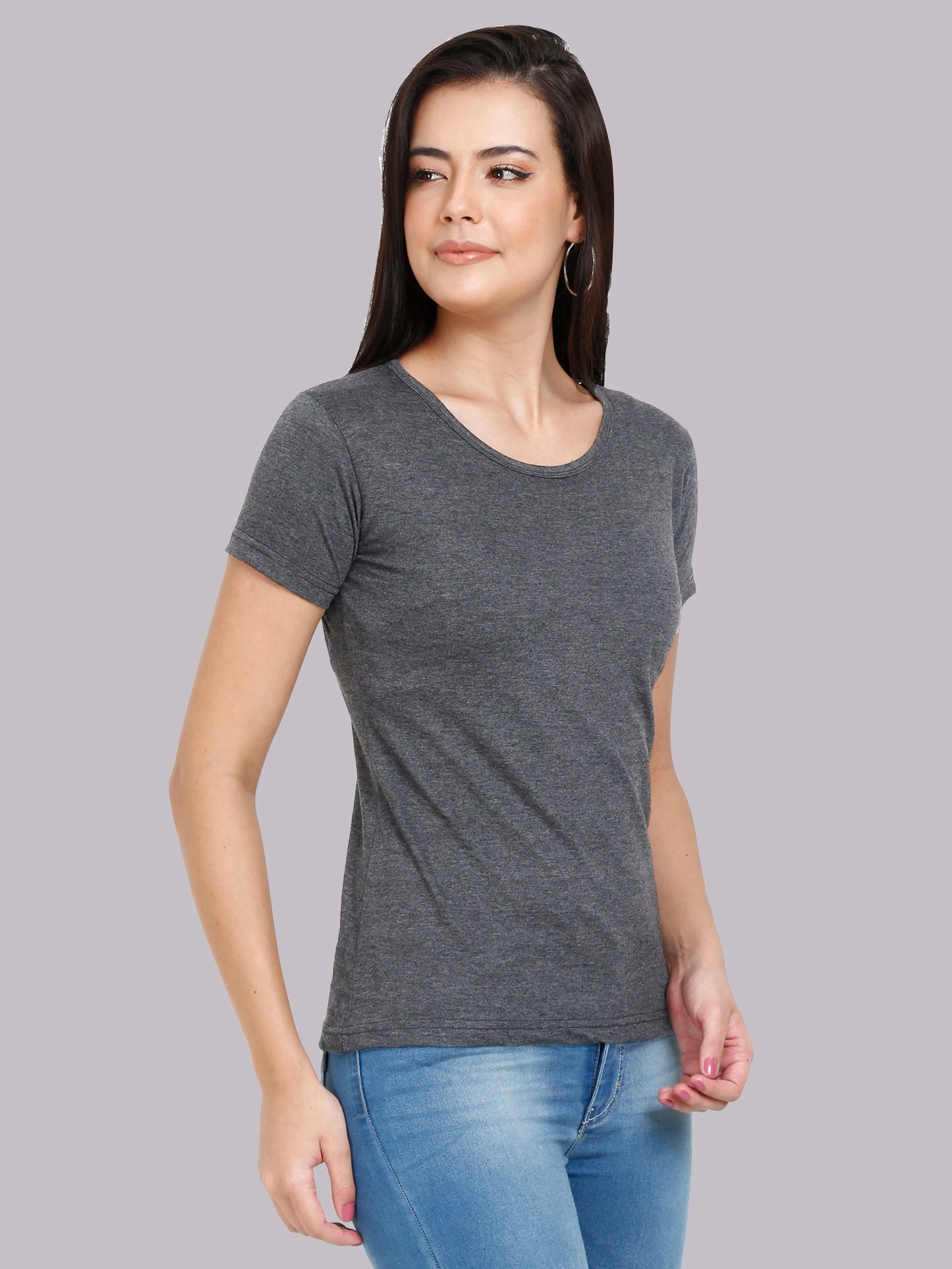 Women's Cotton Plain Round Neck Half Sleeve Charcoal Melange Color T-Shirt